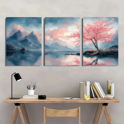 3pcs Tranquil Blossoming Cherry Tree Landscape Metal Print Ready to Hang Art