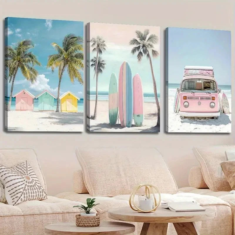 3pcs Pink Kombi Van And The Beach Wall Art Set Canvas Framed 50x70cm - High Quality Print 100% Australian Made Wall Canvas Ready to Hang