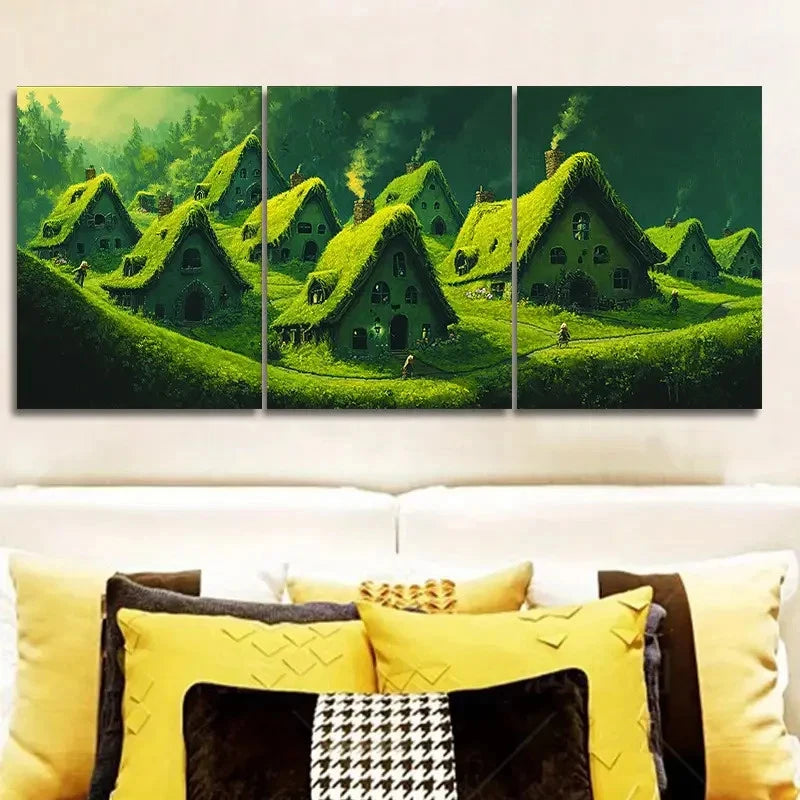 3pcs Green Village Houses Art Painting Wall Art Set Canvas Framed 60x90cm - High Quality Print 100% Australian Made Wall Canvas Ready to Hang