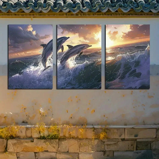 3pcs Vibrant Dolphin Ocean Sunset Scene Metal Print Ready to Hang Art