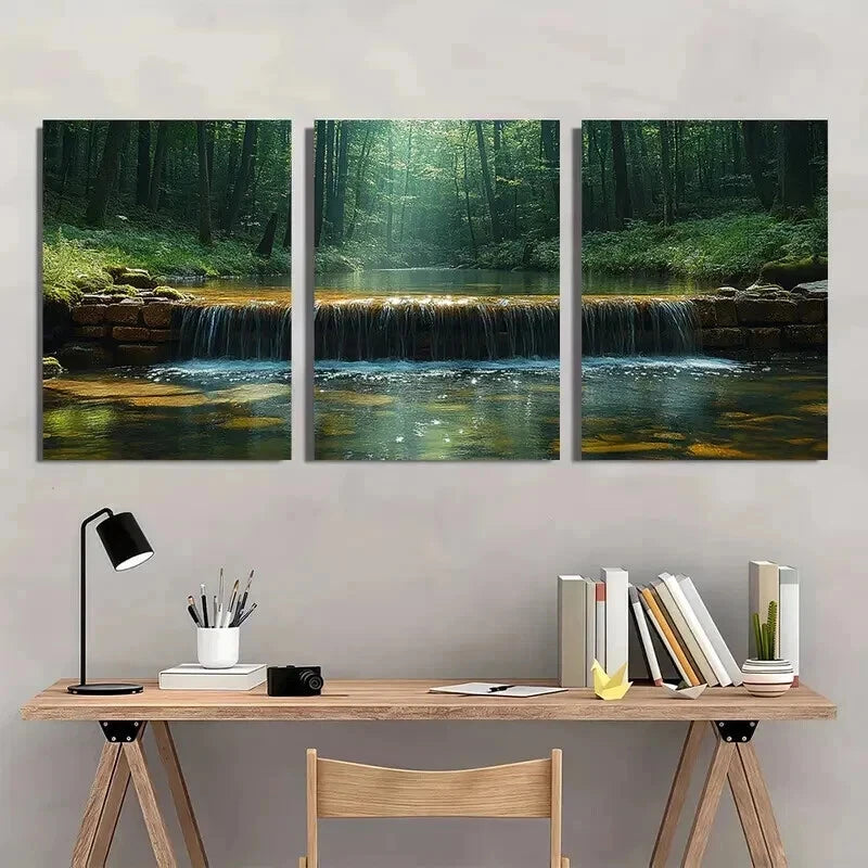 3pcs Water Stream In Green Natural Forest Wall Art Set Canvas Framed 40x60cm - High Quality Print 100% Australian Made Wall Canvas Ready to Hang