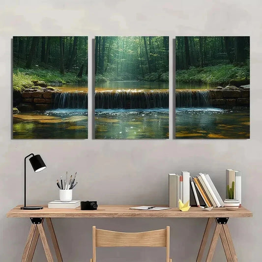3pcs Water Stream In Green Natural Forest Wall Art Set Canvas Framed 40x60cm - High Quality Print 100% Australian Made Wall Canvas Ready to Hang