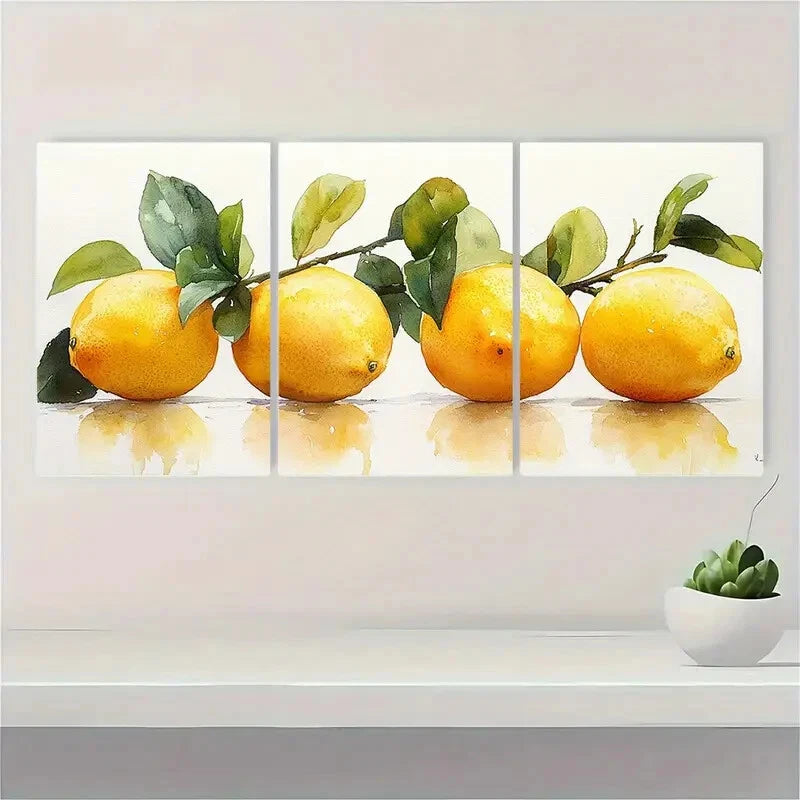 3pcs Lemon On Tree Branch Watercolor Painting Metal Print Ready to Hang Art