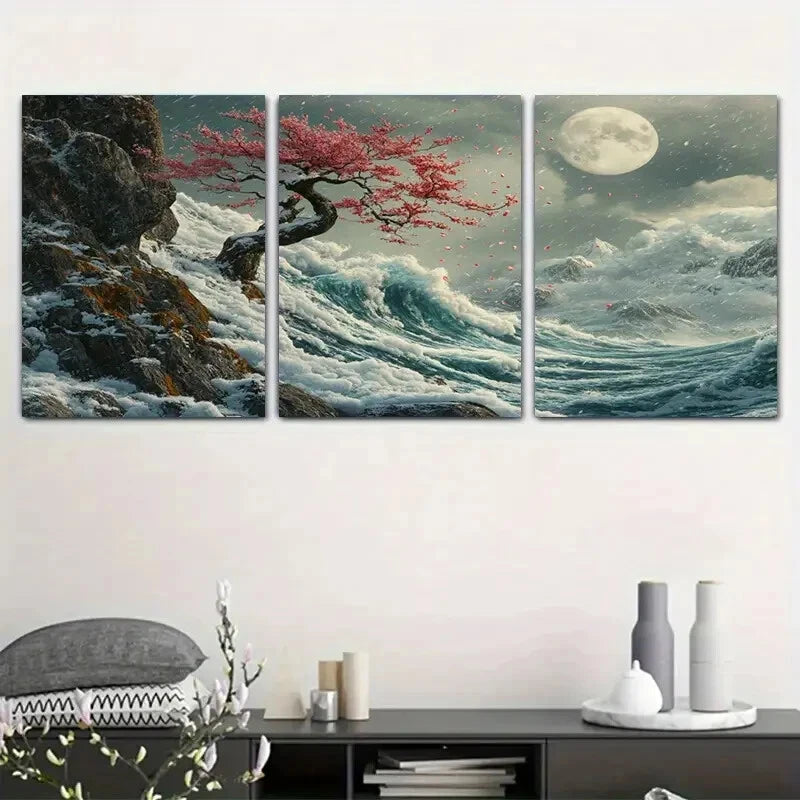 3pcs Modern Nature Full Moon Snowy Metal Print Ready to Hang Art
