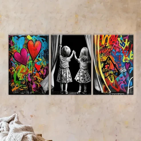 3pcs two girls looking out of window Wall Art Set Canvas Unframed - High Quality Print 100% Australian Made Wall Canvas - Bella Home Decor