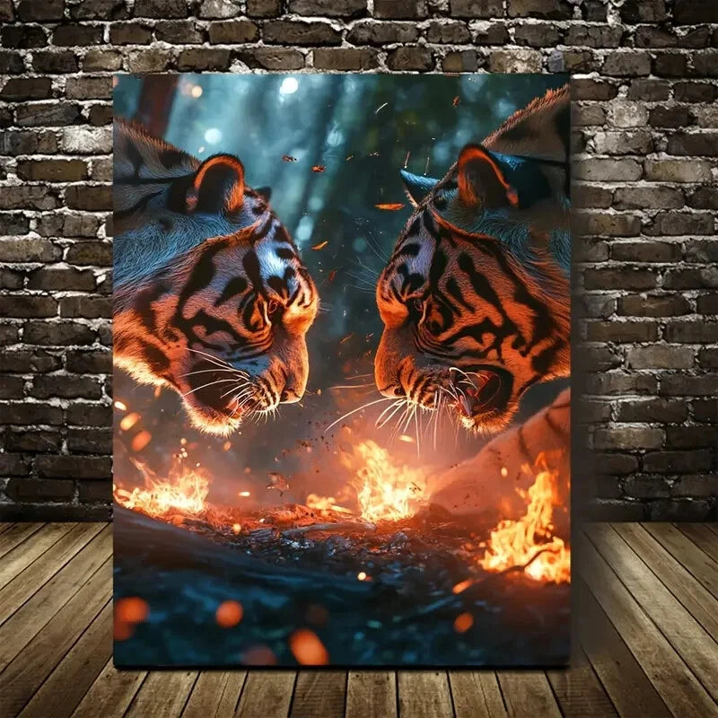 Vibrant Tiger Encounter Scene with Glowing Painting 40x60cm Metal Print Ready to Hang