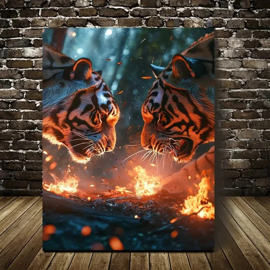 Vibrant Tiger Encounter Scene with Glowing Painting 40x60cm Metal Print Ready to Hang