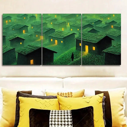 3pcs Green Village Houses Design Deco Style Wall Art Set Canvas Framed 40x60cm - High Quality Print 100% Australian Made Wall Canvas Ready to Hang