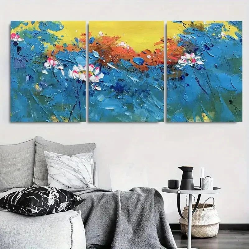 3pcs Lotus Blossoms with Vibrant Blue and Yellow Wall Art Set Canvas Framed 60x90cm - High Quality Print 100% Australian Made Wall Canvas Ready to Hang