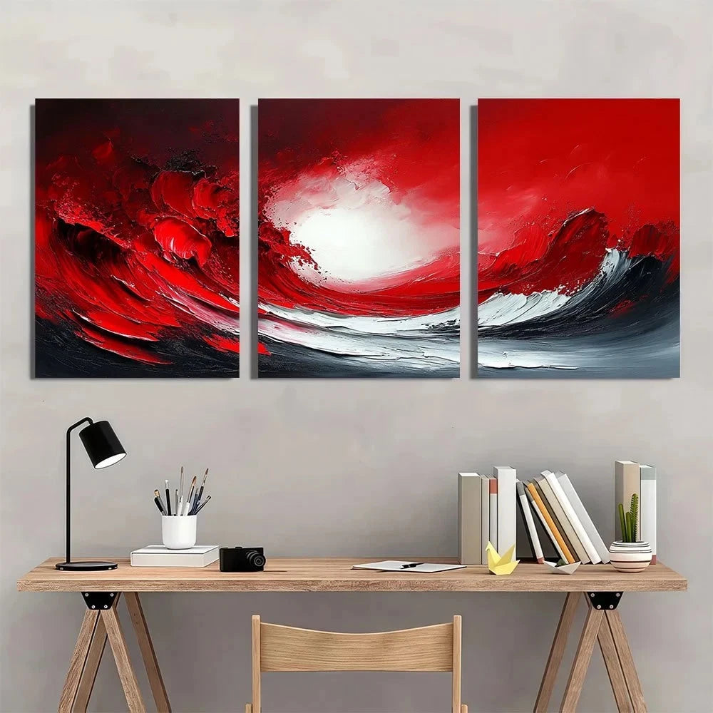 3pcs Red White Abstract Painting Metal Print Ready to Hang Art