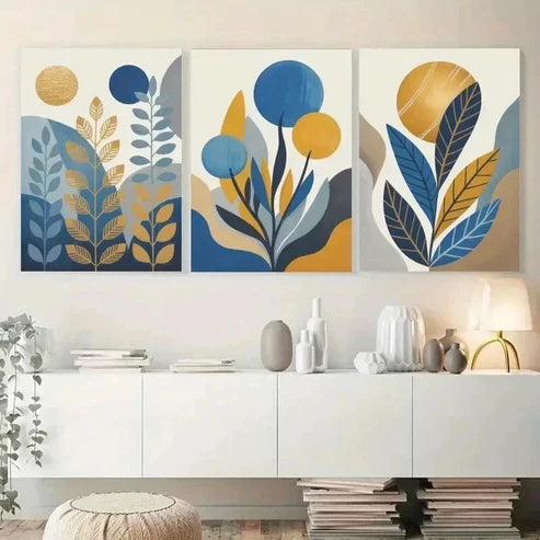 3pcs Abstract Leaves, Golden Sun, Blue Circles Wall Art Set Canvas Unframed - High Quality Print 100% Australian Made Wall Canvas