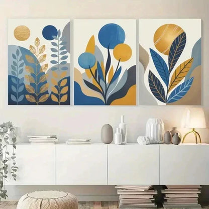 3pcs Abstract Leaves, Golden Sun, Blue Circles Wall Art Set Canvas Unframed - High Quality Print 100% Australian Made Wall Canvas
