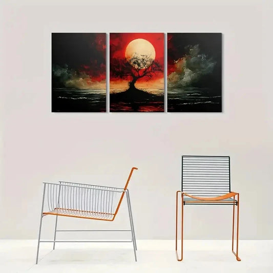 3pcs Golden Sunset Stormy Sky & Silhouette Tree Metal Print Ready to Hang Art