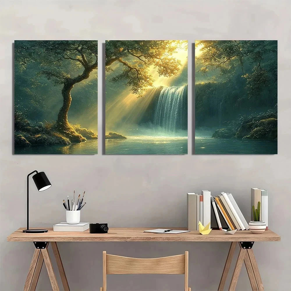 3pcs Green Forest Waterfall Serene Forest Scene Wall Art Set Canvas Framed 60x90cm - High Quality Print 100% Australian Made Wall Canvas Ready to Hang
