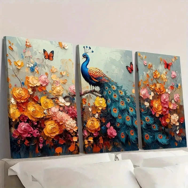 3pcs Colorful Pea Rooster Flowers & Butterflies Wall Art Set Canvas Framed 40x60cm - High Quality Print 100% Australian Made Wall Canvas Ready to Hang