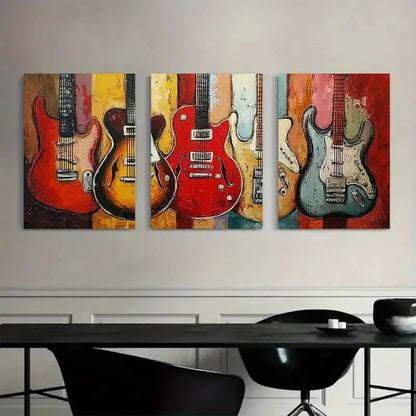 3pcs Electric Guitars in Abstract Art Painting Metal Print Ready to Hang Art