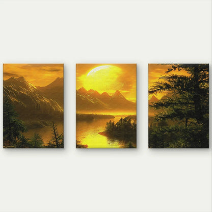 3pcs Golden Hour Mountain Lake Landscape Painting Wall Art Set Canvas Framed 60x90cm - High Quality Print 100% Australian Made Wall Canvas Ready to Hang