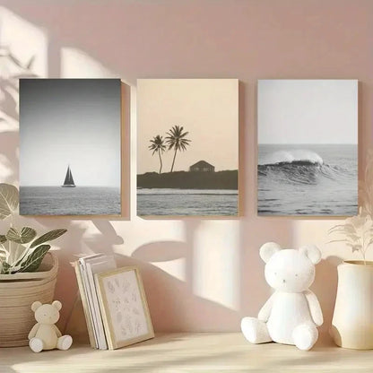 3pcs Palm Trees, Sailboat, Ocean Wave  Wall Art Set Canvas Framed 50x70cm - High Quality Print 100% Australian Made Wall Canvas Ready to Hang