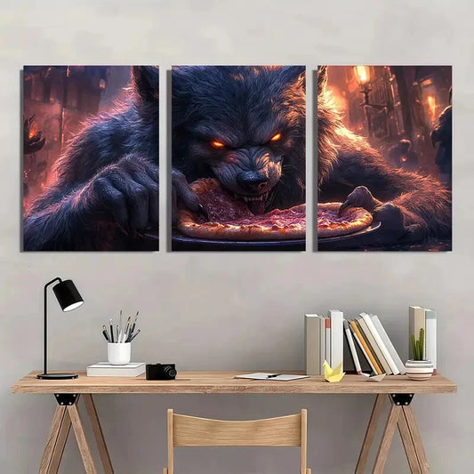 3pcs Wolf Devouring Pizza Horror & Humor Metal Print Ready to Hang Art
