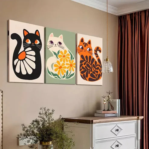 3pcs Boho Wall Art Cute Cats Artwork Plant Canvas Framed 60x90cm - High Quality Print 100% Australian Made Wall Canvas Ready to Hang
