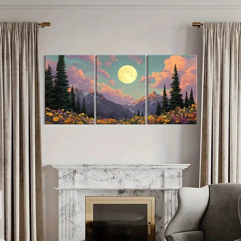 3pcs Moonlit Mountain Landscape Wildflowers Metal Print Ready to Hang Art