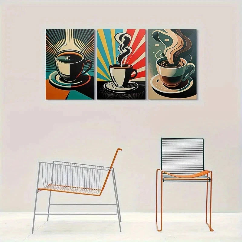 3pcs Vibrant Coffee Cup Colourful Metal Print Ready to Hang Art