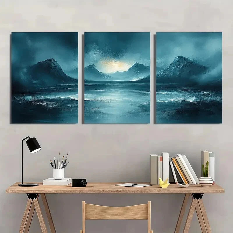 3pcs Teal Gray Abstract Landscape Minimalist Metal Print Ready to Hang Art