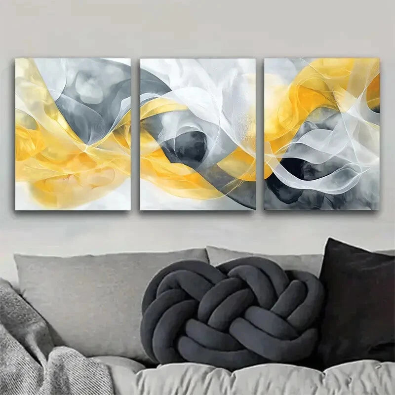 3pcs Abstract Yellow Modern Geometric Gray Metal Print Ready to Hang Art
