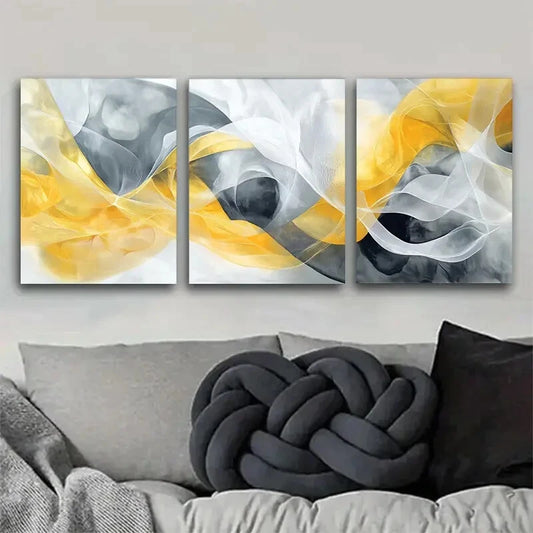 3pcs Abstract Yellow Modern Geometric Gray Metal Print Ready to Hang Art