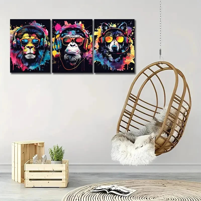 3pcs Animal Gaming Print Set of 3 Posters Metal Print Ready to Hang Art