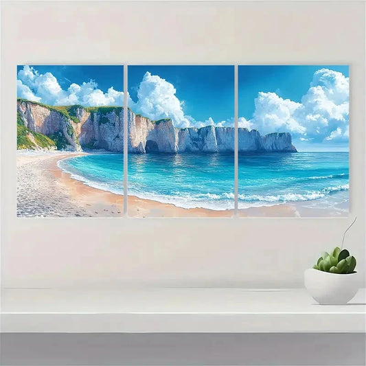 3pcs Normandy Painting Etretat Cliffs Watercolor Metal Print Ready to Hang Art