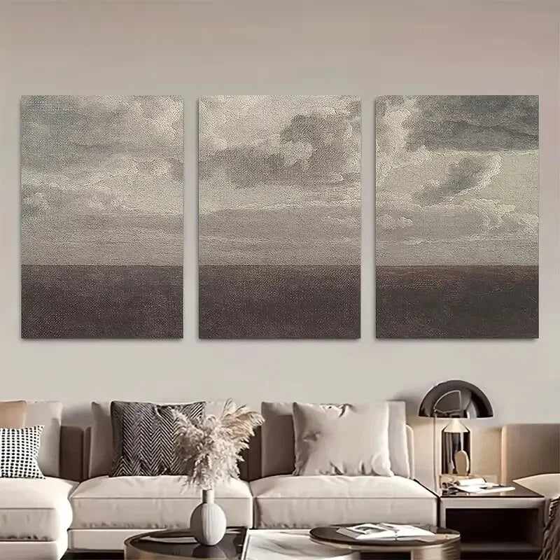 3pcs Minimalist Cloudy Sky Landscape Serene Water Metal Print Ready to Hang Art