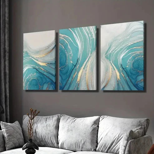 3pcs Beautiful Blue Golden Beach Fluid Wall Art Set Canvas Unframed - High Quality Print 100% Australian Made Wall Canvas
