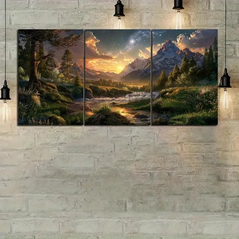 3pcs The Starry Sky and Snow Capped Mountain Metal Print Ready to Hang Art