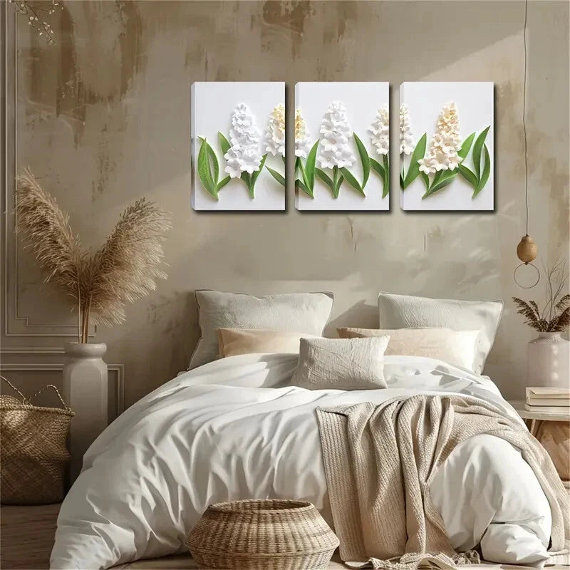 3pcs Hyacinth Floral Botanical White Perfect Wall Art Set Canvas Framed 40x60cm - High Quality Print 100% Australian Made Wall Canvas Ready to Hang