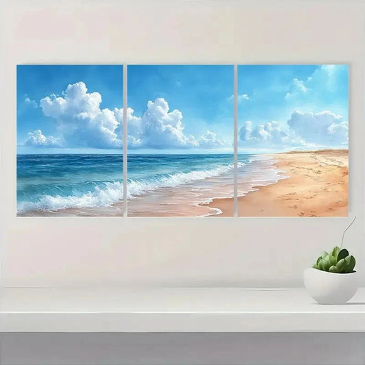 3pcs Serene Ocean Waves & Sandy Shores Watercolor Metal Print Ready to Hang Art