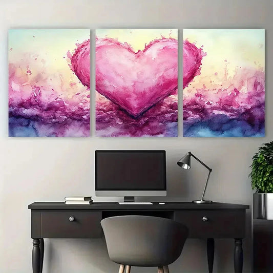 3pcs Romantic Pink Ribbon Heart Watercolor Wall Art Set Canvas Framed 50x70cm - High Quality Print 100% Australian Made Wall Canvas Ready to Hang