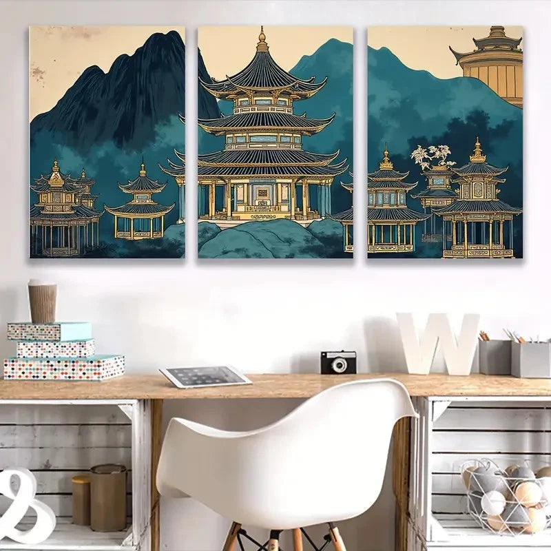 3pcs Japanese Pagoda Landscape Triptych Wall Art Set Canvas Framed 40x60cm - High Quality Print 100% Australian Made Wall Canvas Ready to Hang