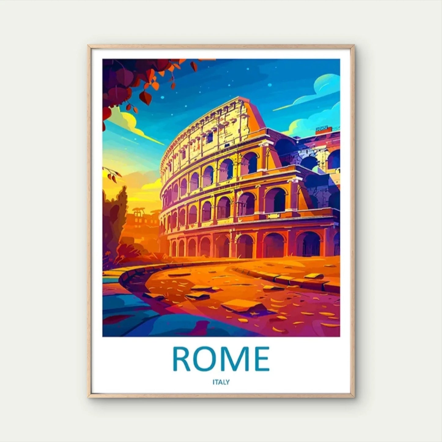 Vintage Rome Colosseum Italy Cobblestone Travel Poster Print Wall Art