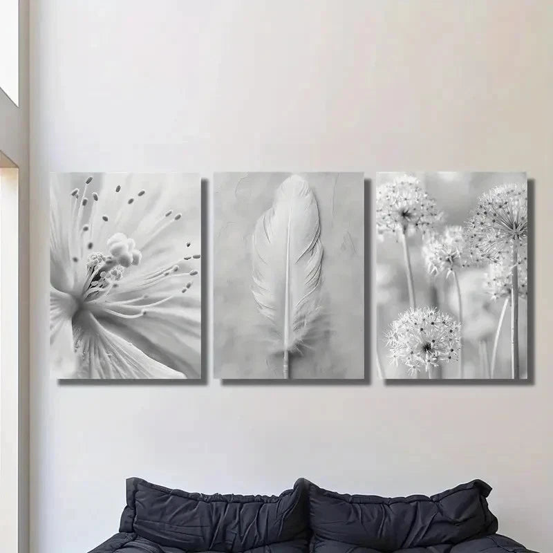 3pcs Black and White Feathers & Wildflowers Metal Print Ready to Hang Art