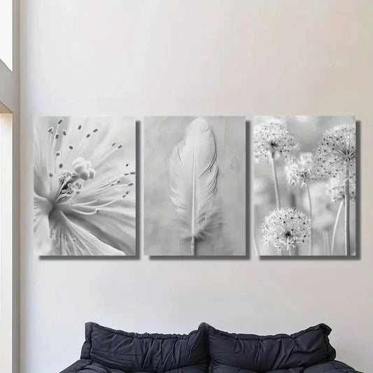 3pcs Black and White Feathers & Wildflowers Metal Print Ready to Hang Art