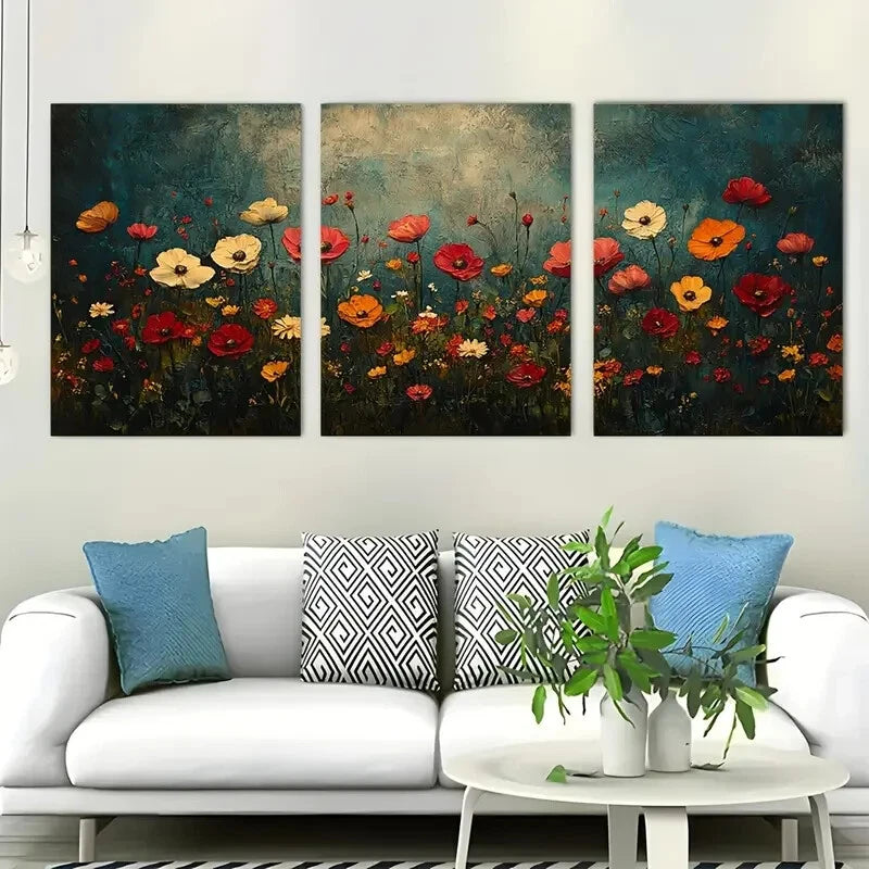 3pcs Dark Floral Meadow Botanical Perfect Wall Art Set Canvas Framed 40x60cm - High Quality Print 100% Australian Made Wall Canvas Ready to Hang