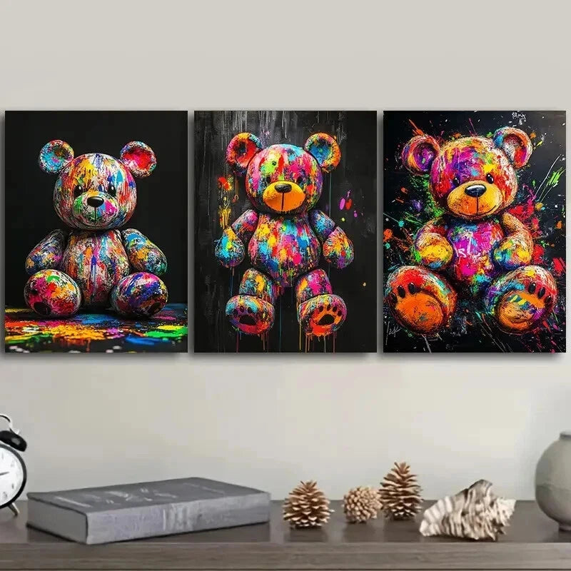 3pcs  Colorful teddy bear graffiti Painting Wall Art Set Canvas Framed 50x70cm - High Quality Print 100% Australian Made Wall Canvas Ready to Hang