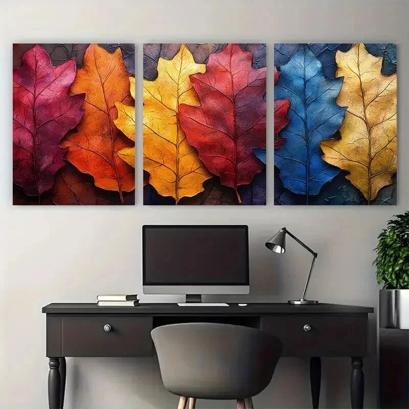 3pcs Vibrant Autumn Leaves Collage Metal Print Ready to Hang Art