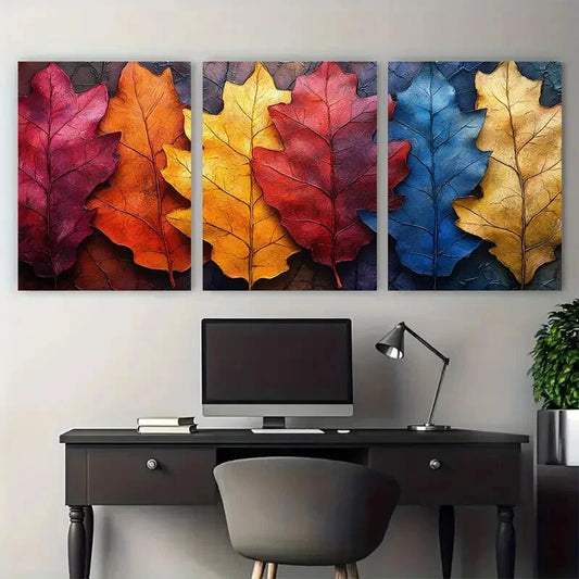 3pcs Vibrant Autumn Leaves Collage Metal Print Ready to Hang Art