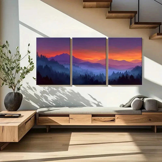 3pcs Sunset Abstract Mountains Forest Landscape Metal Print Ready to Hang Art