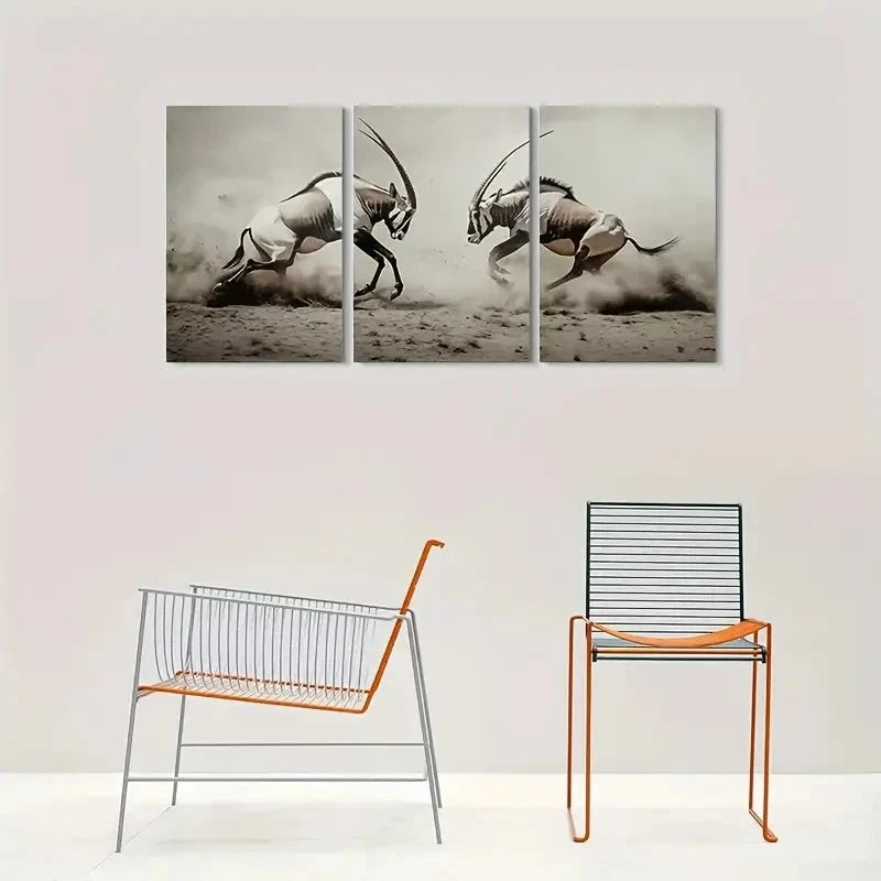 3pcs Dynamic Antelope Duel Painting Metal Print Ready to Hang Art