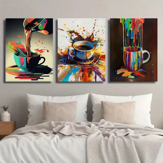 3pcs Vibrant Coffee Splatter Colorful Perfect Wall Art Set Canvas Framed 40x60cm - High Quality Print 100% Australian Made Wall Canvas Ready to Hang