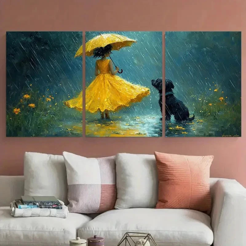 3pcs Whimsical Yellow Dress Girl and Dog in Rain Metal Print Ready to Hang Art