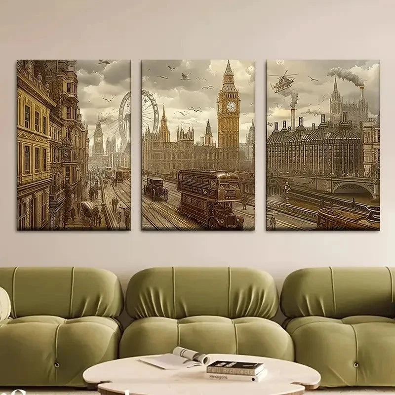 3pcs Vintage London-Inspired Steampunk City Metal Print Ready to Hang Art